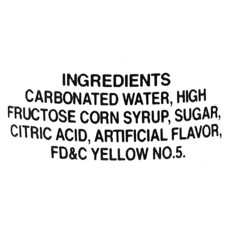 The ingredients include carbonated water, high fructose corn syrup, sugar, citric acid, artificial flavor, and FD&amp;C Yellow No. 5.