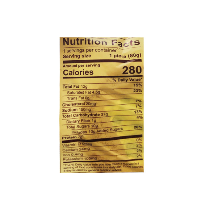 Nutrition label of the food product, listing detailed nutritional information per serving size of 1 piece. It includes 280 calories, 12g total fat, 4.5g saturated fat, 0g trans fat, 20mg cholesterol, 150 mg sodium, 37g total carbohydrate, 1g dietary fiber, 10g total sugars includes 10g added sugars, 7g protein