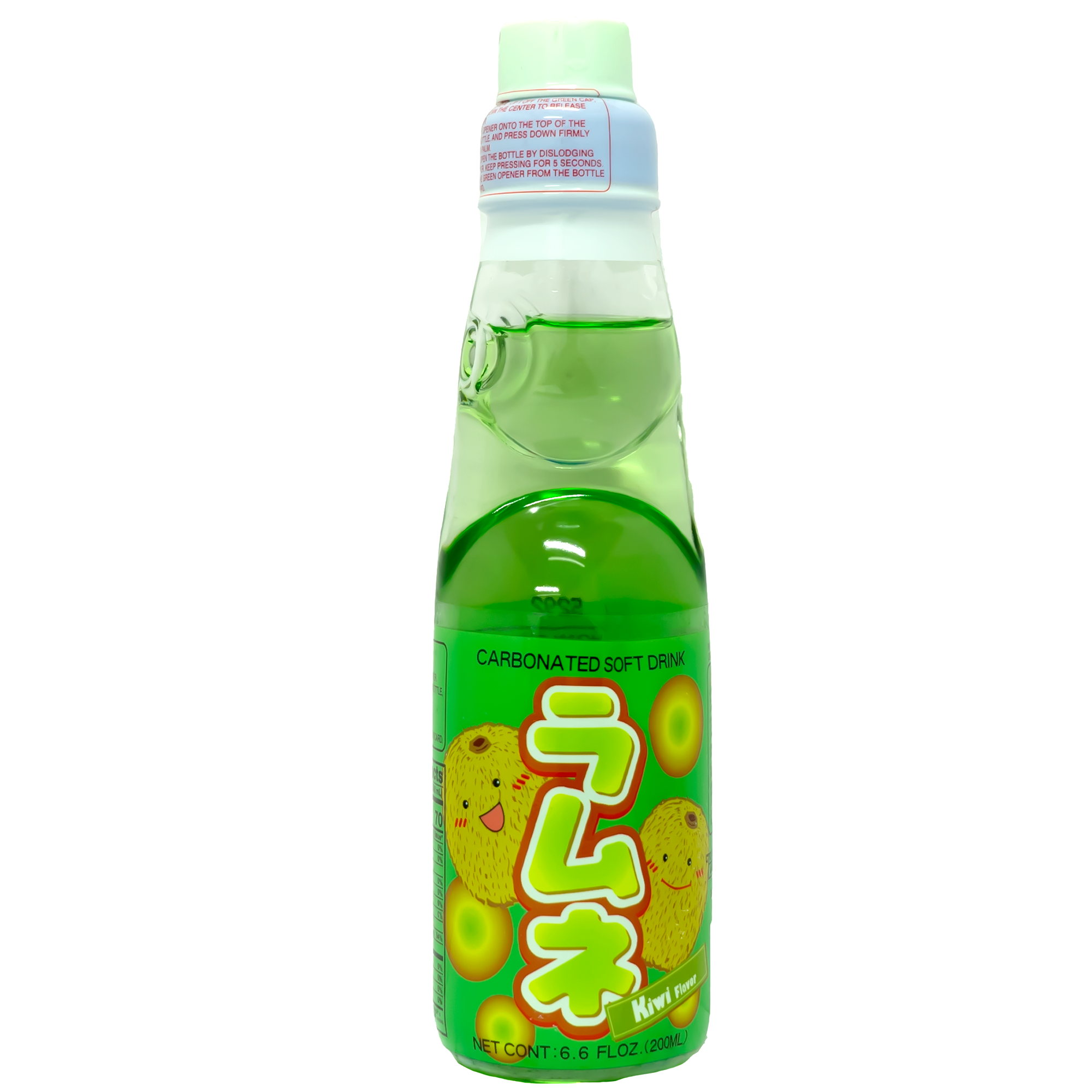 Front view of bottle. The package features a vibrant green bottle with cheerful kiwi graphics, giving it an appealing and playful look. The design includes a marble stopper, which is a traditional feature of Ramune bottles, making it not just a drink but also an entertaining experience.