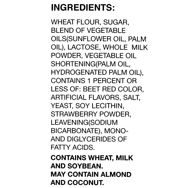 Ingredients contains wheat, milk, and soybeans. May contain almonds and coconuts.