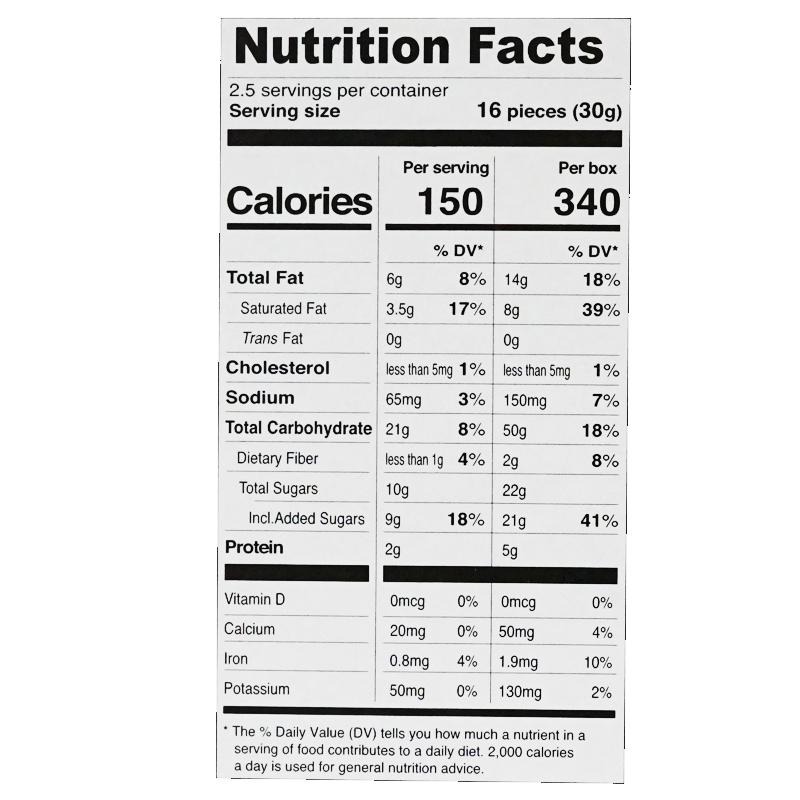 Nutrition label of the food product, listing detailed nutritional information per serving size of 16 pieces. It includes 150 calories, 6g total fat, 3.5g saturated fat, 0g trans fat, less than 5mg cholesterol, 65mg sodium, 21g total carbohydrate, less than 1g dietary fiber, 10g total sugars includes 9g added sugars, 2g protein