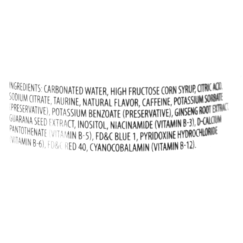 This invigorating drink is made with carbonated water, high fructose corn syrup, citric acid, sodium citrate, taurine, natural flavor, caffeine, potassium sorbate, potassium benzoate, ginseng root extract, guarana seed extract, inositol, niacinamide, d-calcium pantothenate, FD&amp;C Blue 1, pyridoxine hydrochloride, FD&amp;C Red 40, and cyanocobalamin.