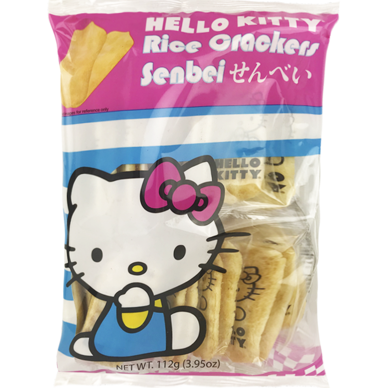 Front view of package. The packaging features a charming and colorful design, showcasing the array of rice crackers inside. The background enhances the product's appeal with a lively and festive aesthetic, featuring playful Hello Kitty motifs that add a touch of whimsy to the overall presentation.