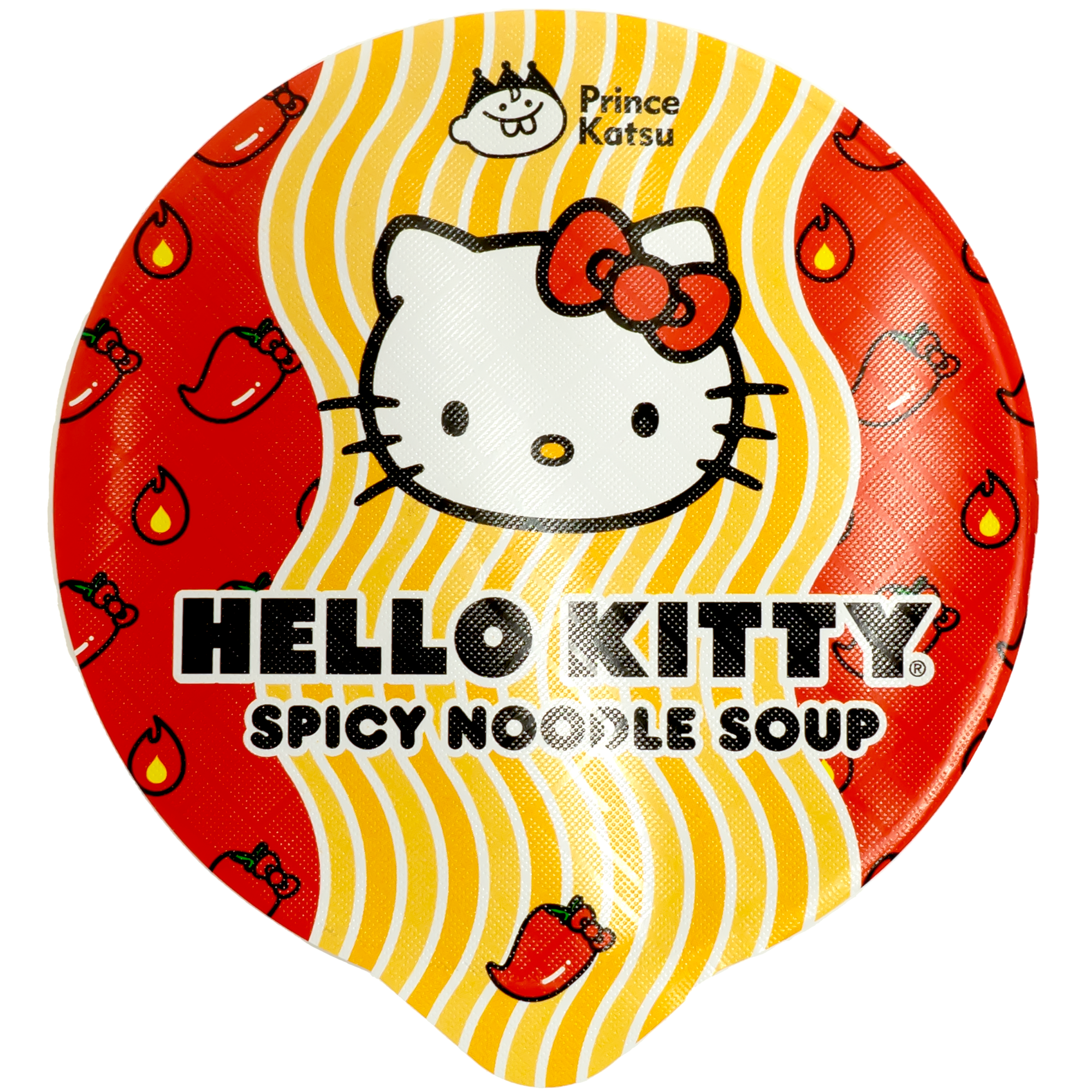 Top view of package. The package features an adorable design with a prominent character in the center, surrounded by playful chili pepper and flame icons that hint at the spiciness inside. The vibrant colors and cute imagery make it an appealing choice for fans and collectors alike, adding a touch of fun to your pantry.