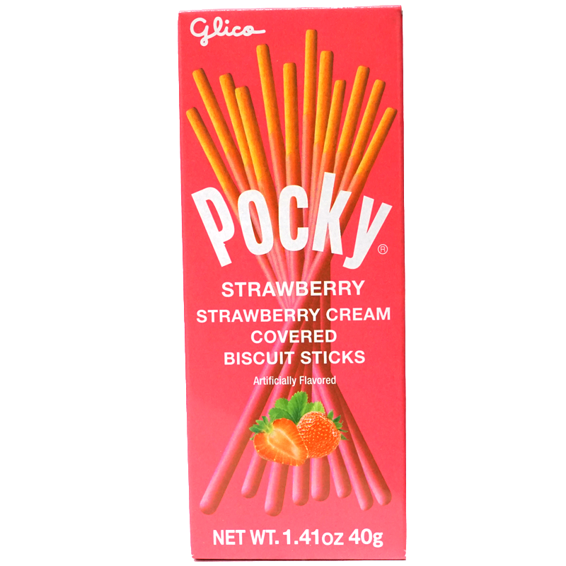 Front view of package. The packaging features a vibrant display of the strawberry-coated biscuit sticks, emphasizing their slender and elegant design. The background enhances the product&#39;s appeal with a fresh and inviting aesthetic, making it ideal for enjoying as a snack or sharing with friends.