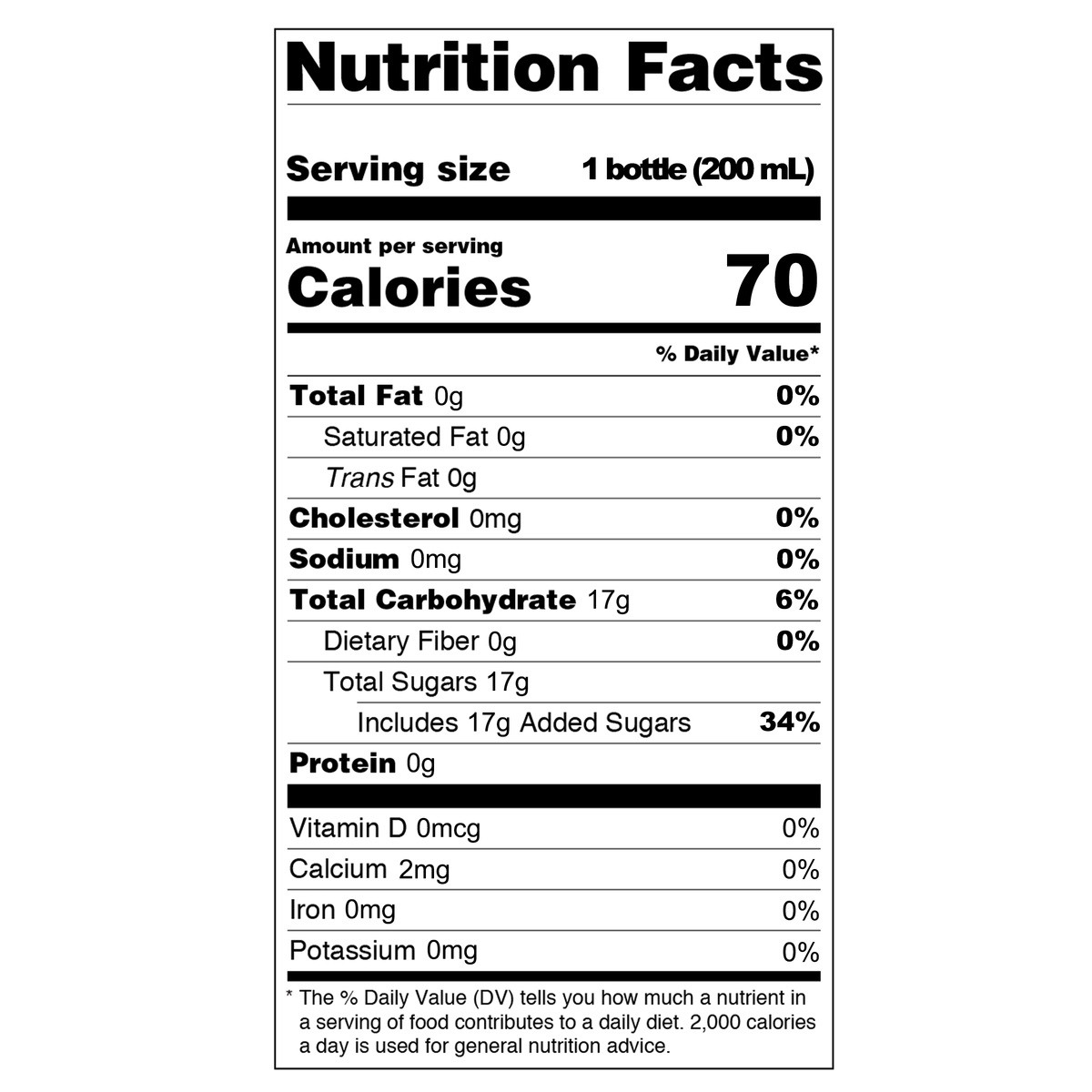 Each 200ml bottle contains 70 calories, 0g total fat, 0g saturated fat, 0g trans fat, 0mg cholesterol, 0mg sodium, 17g total carbohydrates, 17g total sugars, and 0g protein.