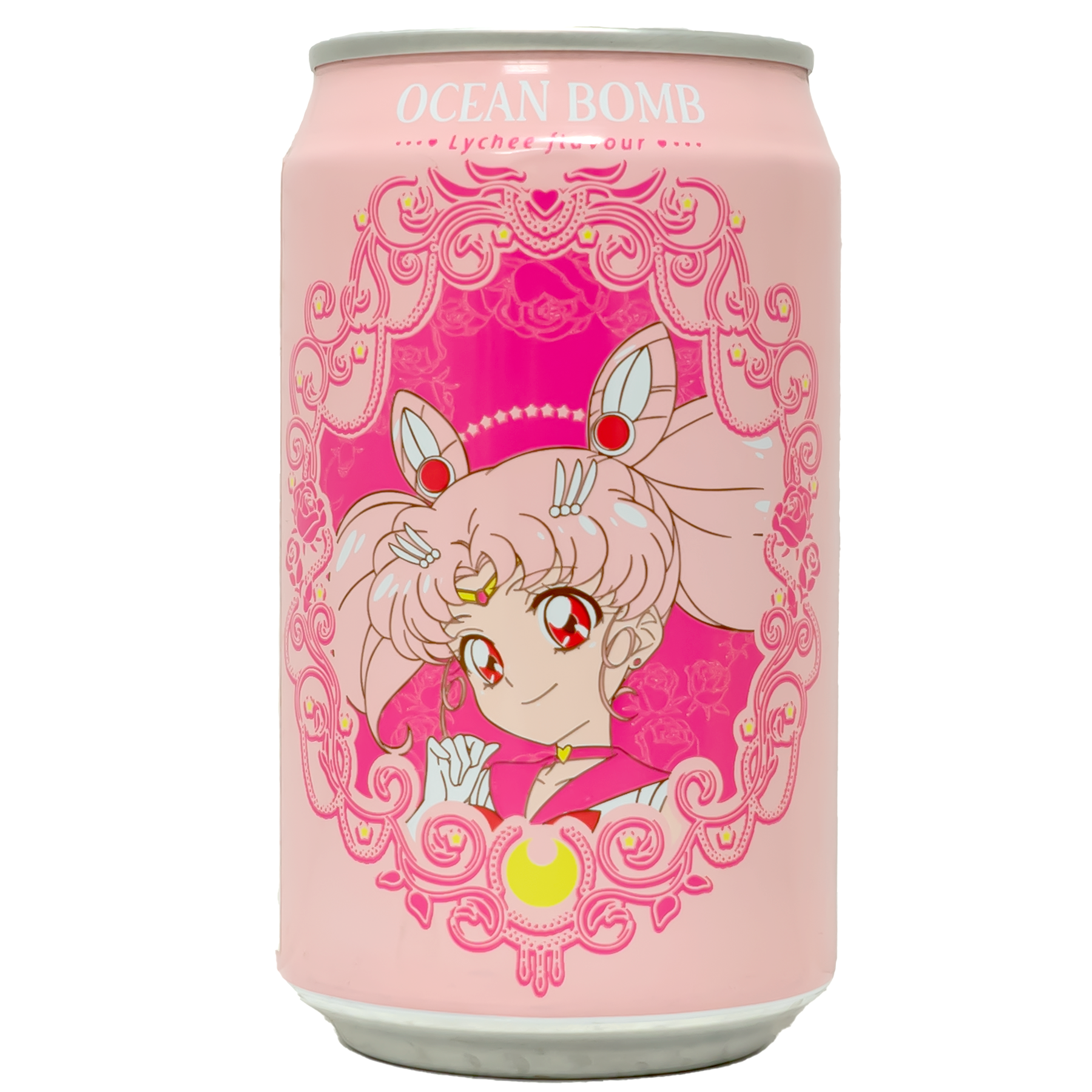 The can features a vibrant and charming design of a pink-haired character with expressive eyes, surrounded by intricate floral patterns. The playful and energetic artwork adds a whimsical touch, making it a fun and appealing choice for fans and collectors alike.