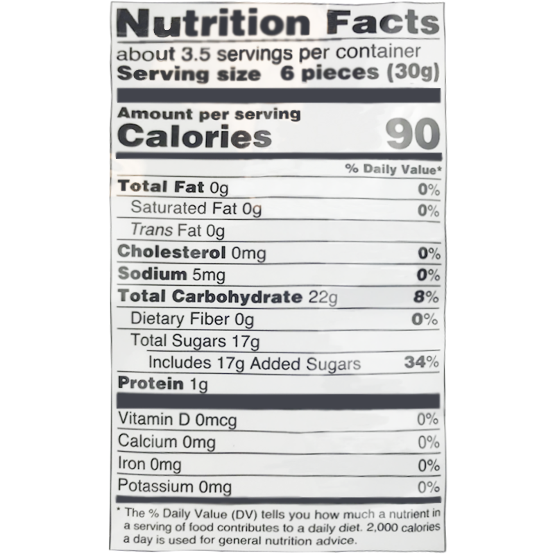 Each serving contains 90 calories, with 0g of total fat, saturated fat, and trans fat. There is no cholesterol, and the sodium content is 5mg. Total carbohydrates are 22g, including 0g of dietary fiber and 17g of total sugars, all of which are added sugars. The protein content is 1g per serving.
