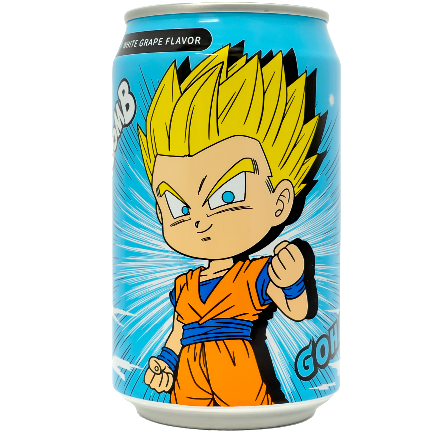The can features a vibrant design with a dynamic character from Dragon Ball, showcasing a bright and energetic theme. The colorful background and lively graphics make it as visually appealing as it is delicious, making it a standout addition to any collection.