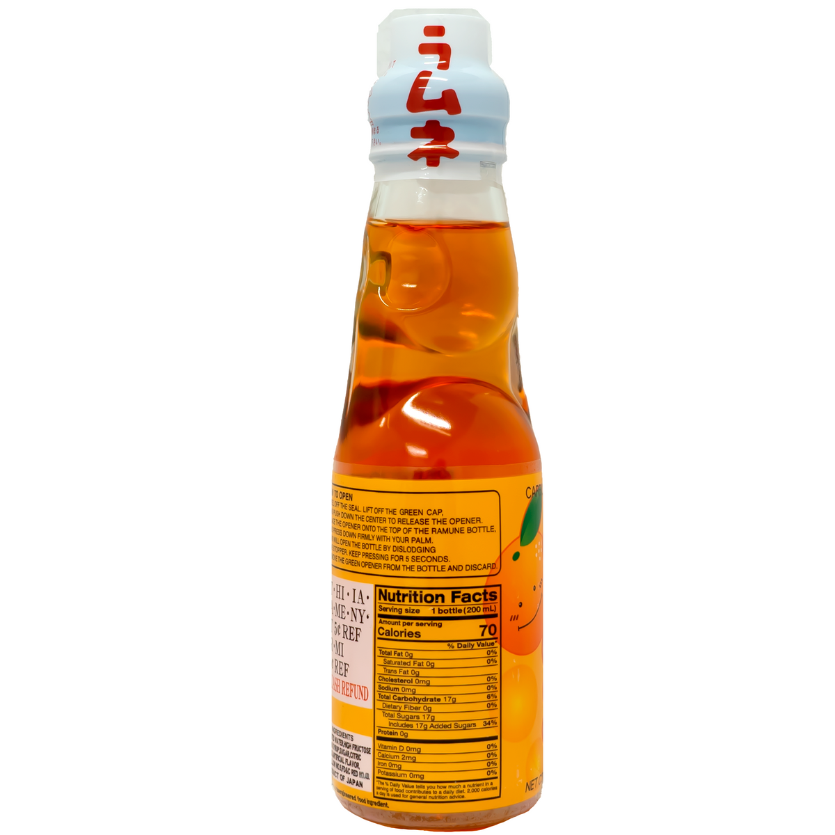Clear glass bottle of Ramune orange flavor drink with nutrition label and white cap, isolated on white background.