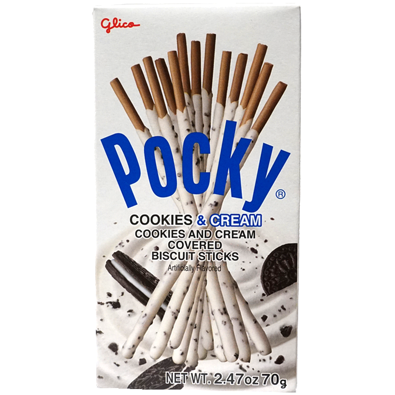 Front view of package. The packaging showcases an enticing display of the cookies cream-covered biscuit sticks, emphasizing their slender and elegant design. The background enhances the product&#39;s appeal with a modern and inviting aesthetic, making it ideal for enjoying as a snack or sharing with friends.