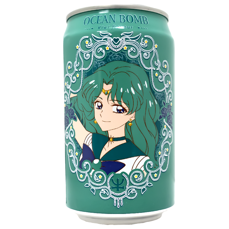 The can features a vibrant design with a charming character illustration in a stylish outfit, set against a backdrop of intricate patterns. The green and blue hues enhance the kiwi theme, giving it a fresh and appealing look. This eye-catching design is sure to stand out and attract fans and collectors alike.