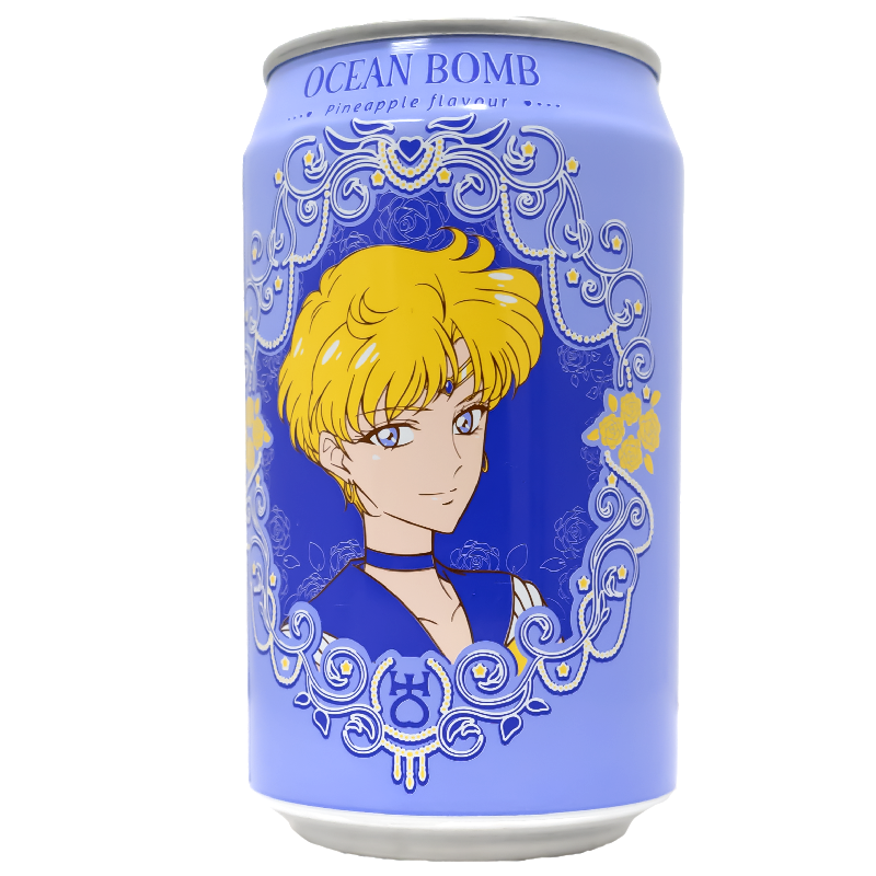 The can features a vibrant design with a character illustration from a popular anime. The character has short, blonde hair and is dressed in a blue outfit, set against a decorative background with intricate patterns and floral accents.