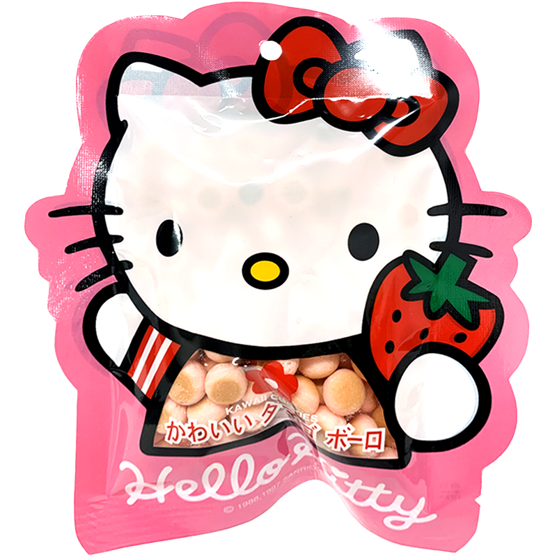 Front view of package. The package is designed in the shape of a beloved character's face, with a bright pink background and a cheerful expression. The character is adorned with a signature red bow and holds a cute strawberry, adding an extra touch of charm. The transparent window reveals the tasty cookies inside, making the package as delightful as the treat itself.