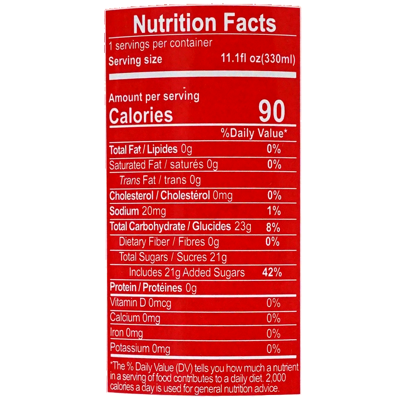 Each 330ml serving contains 90 calories, 0g total fat, 0g saturated fat, 0mg cholesterol, 20mg sodium, 23g total carbohydrates, 0g dietary fiber, 21g total sugars (including 21g added sugars), and 0g protein.
