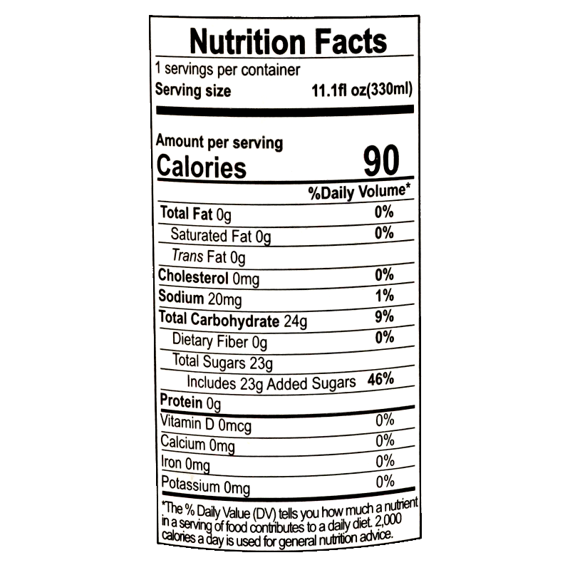 This sparkling water contains 90 calories per 330ml serving. It has 0g total fat, 0mg cholesterol, 20mg sodium, 24g total carbohydrates, 23g total sugars including 23g added sugars, and 0g protein.