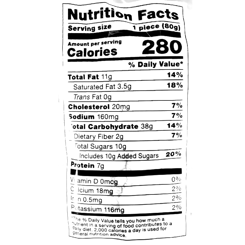 Nutrition label of the food product, listing detailed nutritional information per serving size of 1 cup. It includes 280 calories, 11g total fat, 3.5g saturated fat, 0g trans fat, 20mg cholesterol, 160 mg sodium, 38g total carbohydrate, 2g dietary fiber, 10g total sugars includes 10g added sugars, 7g protein