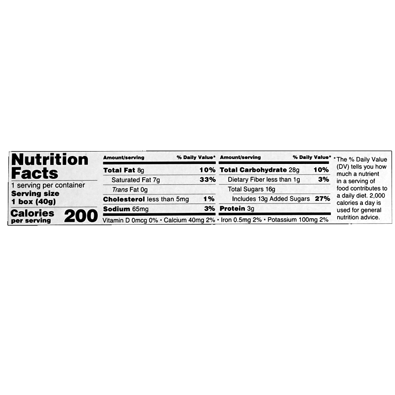 Nutrition label of the food product, listing detailed nutritional information per serving size of 1 box. It includes 200 calories, 8g total fat, 7g saturated fat, 0g trans fat, less than 5mg cholesterol, 65mg sodium, 28g total carbohydrate, less than 1g dietary fiber, 16g total sugars includes 13g added sugars, 3g protein