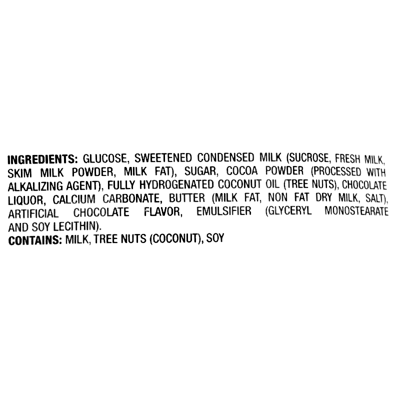 Ingredients contain milk, Tree Nuts (Coconut), and soy