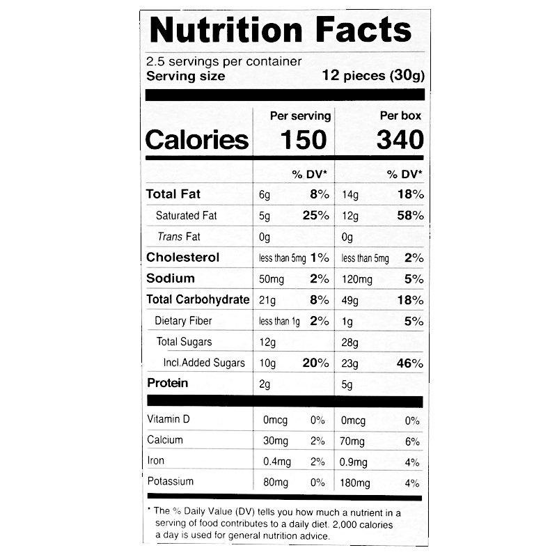 Nutrition label of the food product, listing detailed nutritional information per serving size of 12 pieces. It includes 150 calories, 6g total fat, 5g saturated fat, 0g trans fat, less than 5mg cholesterol, 50mg sodium, 21g total carbohydrate, less than 1g dietary fiber, 12g total sugars includes 10g added sugars, 2g protein