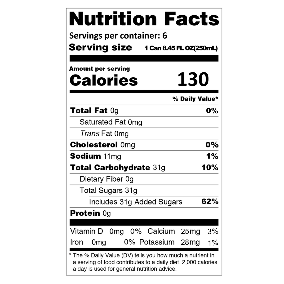 Each 250ml can contains 130 calories, 0g of fat, 0mg of cholesterol, 11mg of sodium, 31g of total carbohydrates including 31g of sugars, and 0g of protein. This carbonated drink is a delightful treat that combines taste and refreshment in every can.