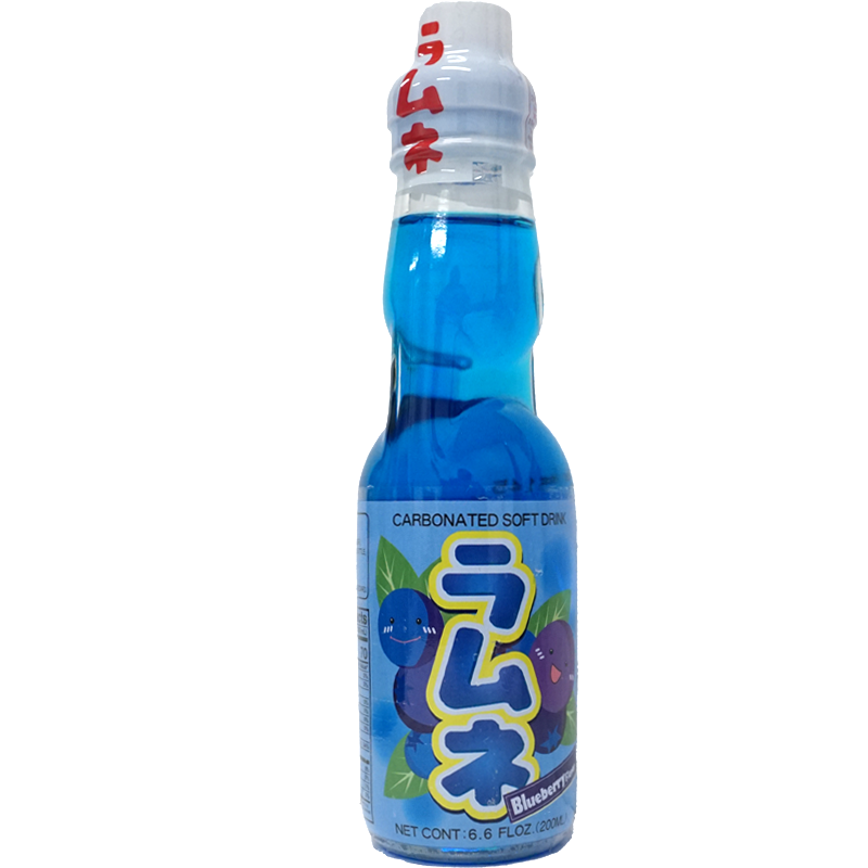 Front view of bottle. The packaging features a vibrant blue bottle that reflects the refreshing blueberry flavor inside. The playful cartoon blueberries on the label add a fun and inviting touch, making it a standout addition to any beverage selection.