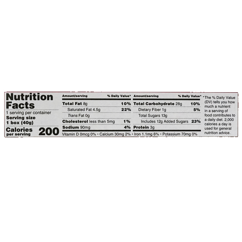 Nutrition label of the food product, listing detailed nutritional information per serving size of 1 box. It includes 200 calories, 8g total fat, 4.5g saturated fat, 0g trans fat, less than 5mg cholesterol, 90mg sodium, 28g total carbohydrate, 1g dietary fiber, 13g total sugars includes 12g added sugars, 3g protein