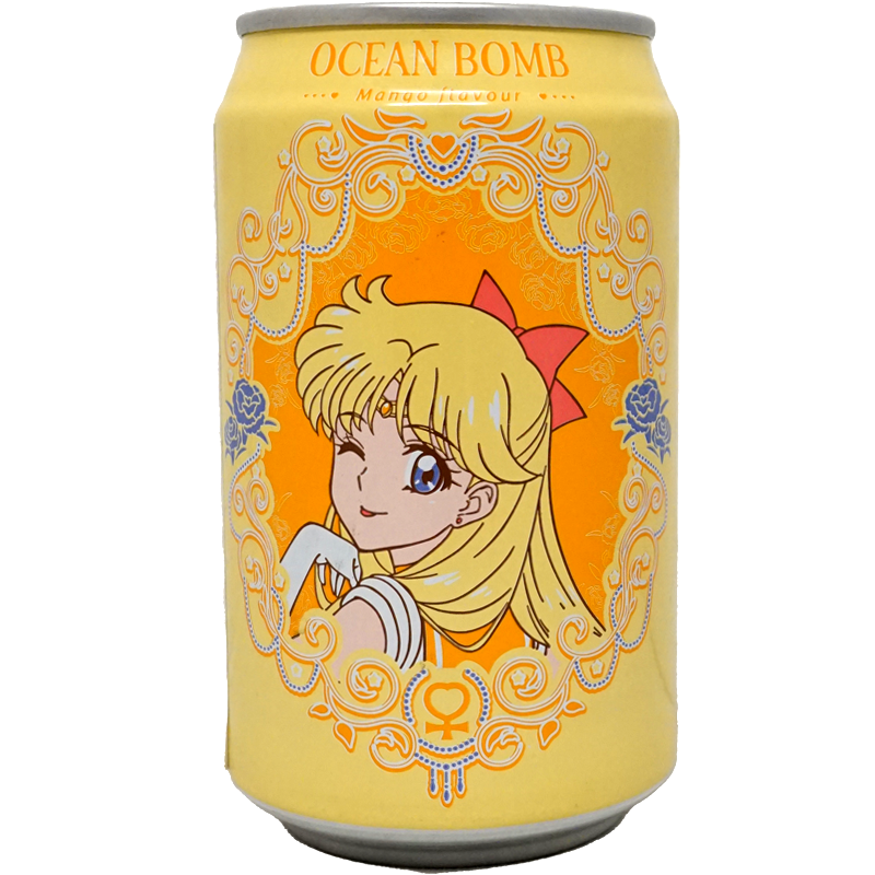 The can features a vibrant design with a cheerful character winking against a bright yellow background. Elegant ornamental patterns frame the character, enhancing the playful and eye-catching look of the packaging.