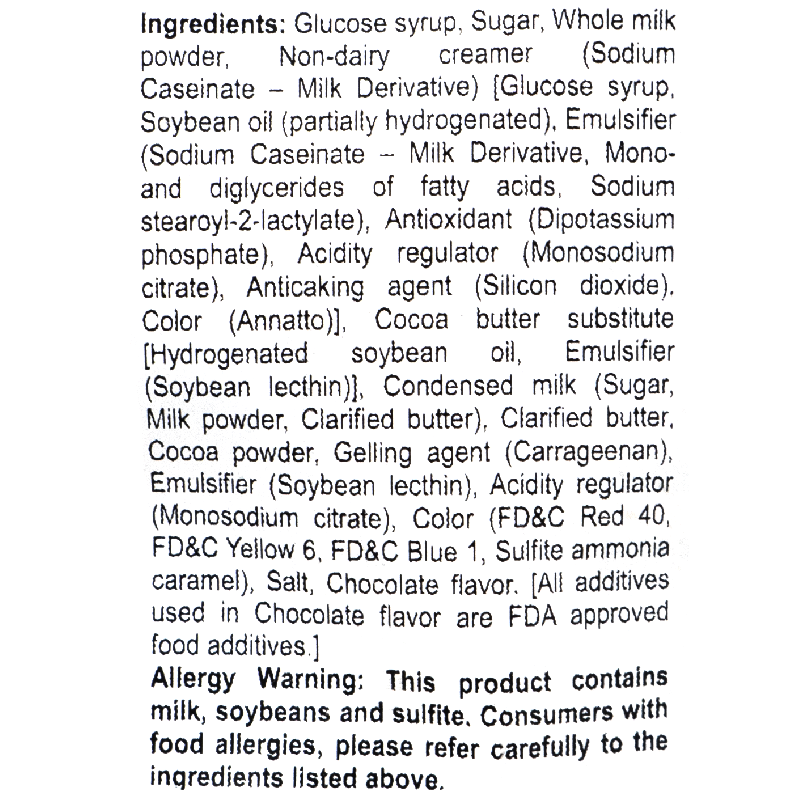 Ingredients contain milk, soybeans and sulfite