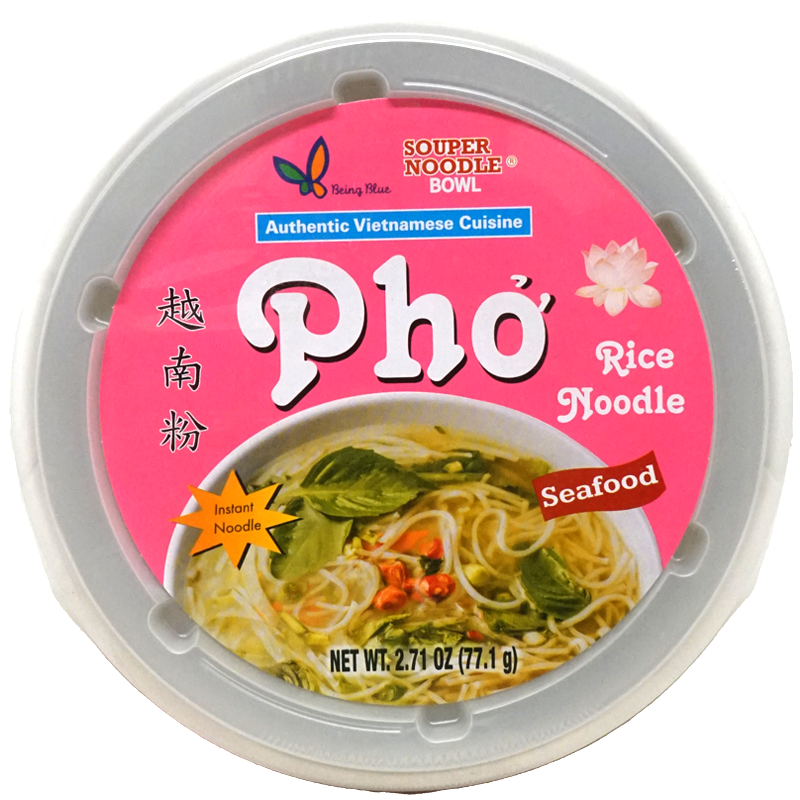 Top view of package. Image depicts a bowl that contains thin rice noodles in a clear broth, topped with fresh green herbs, slices of red chili peppers, and green onions.