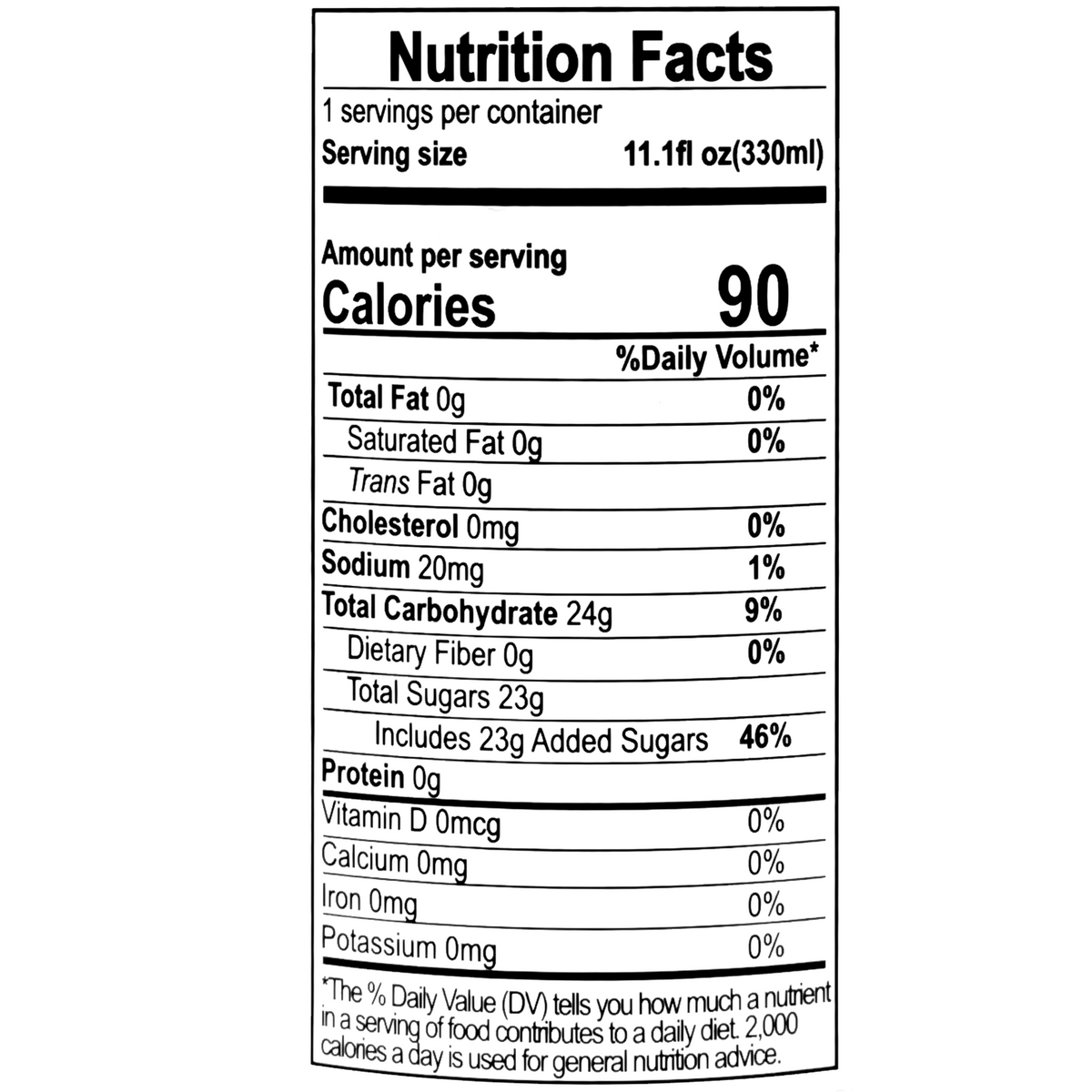 This 330ml serving contains 90 calories, 0g total fat, 0g cholesterol, 20mg sodium, 24g total carbohydrates, 23g total sugars including 23g added sugars, and 0g protein.