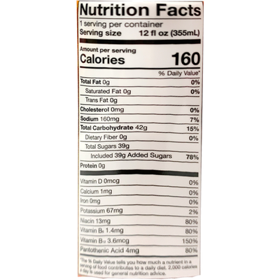Each 355ml serving contains 160 calories, with 0g of total fat, 0mg of cholesterol, 160mg of sodium, 42g of total carbohydrates, and 0g of protein. This drink provides an energizing blend with 39g of added sugars.