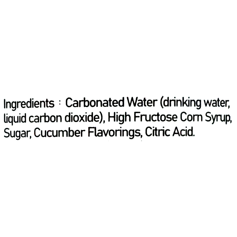 Ingredients: Carbonated water (drinking water, liquid carbon dioxide), high fructose corn syrup, sugar, cucumber flavorings, and citric acid.