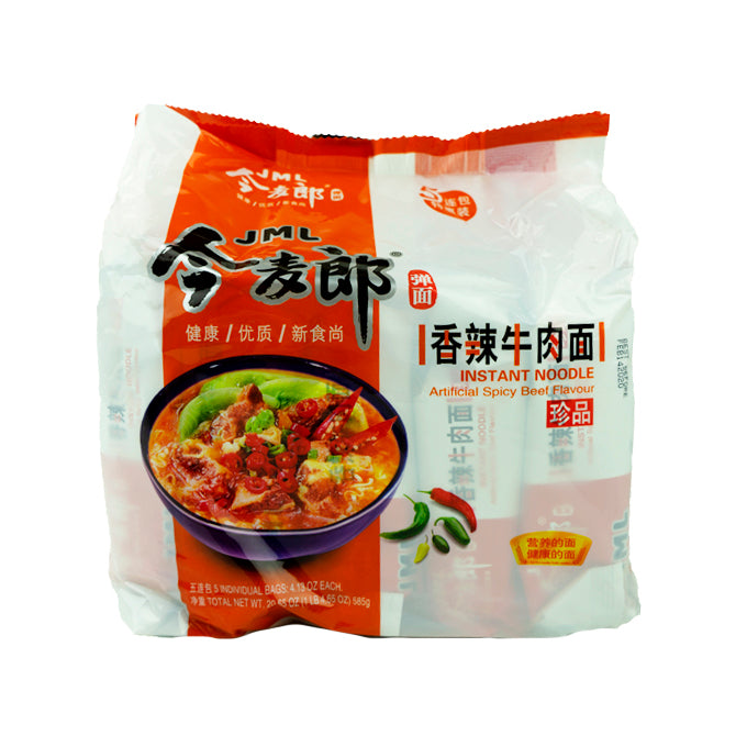 Front view of JML Instant Noodle packaging, Artificial Spicy Beef Flavour. The package features a vibrant red and white design, prominently showcasing a bowl of spicy beef noodles garnished with peppers and vegetables, emphasizing the product’s bold and fiery taste. The text is in both Chinese and English, highlighting the health, quality, and modern food style. The package contains five individual bags, each weighing 4.13 oz, with a total net weight of 20.65 oz (585 g).