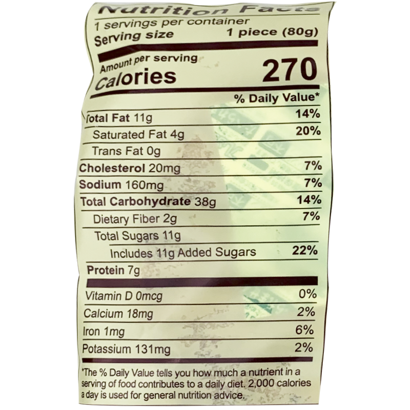 Nutrition label of the food product, listing detailed nutritional information per serving size of 1 cup. It includes 270 calories, 11g total fat, 4g saturated fat, 0g trans fat, 20mg cholesterol, 160 mg sodium, 38g total carbohydrate, 2g dietary fiber, 11g total sugars includes 11g added sugars, 7g protein