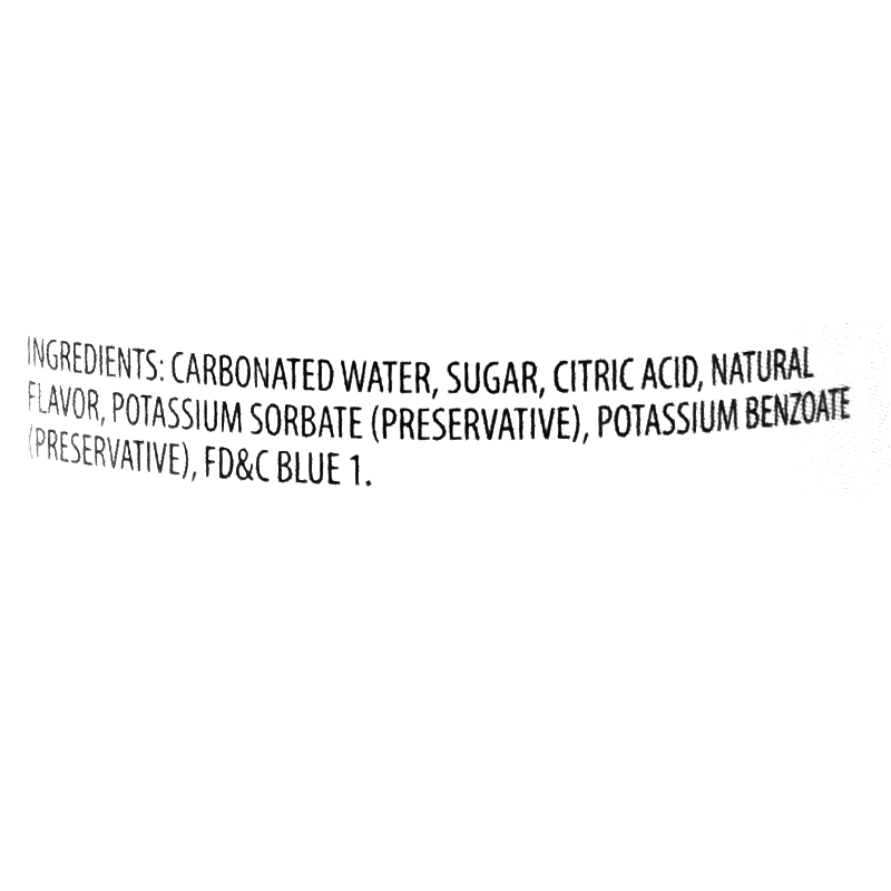 The ingredients include carbonated water, sugar, citric acid, natural flavor, potassium sorbate and potassium benzoate (preservatives), and FD&amp;C Blue 1.
