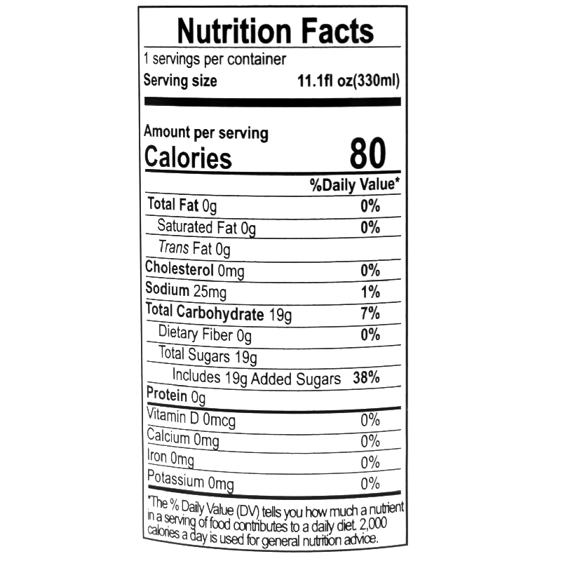 This 330ml can contains 80 calories, 0g of total fat, 0mg of cholesterol, 25mg of sodium, 19g of total carbohydrates including 19g of total sugars, and 0g of protein.