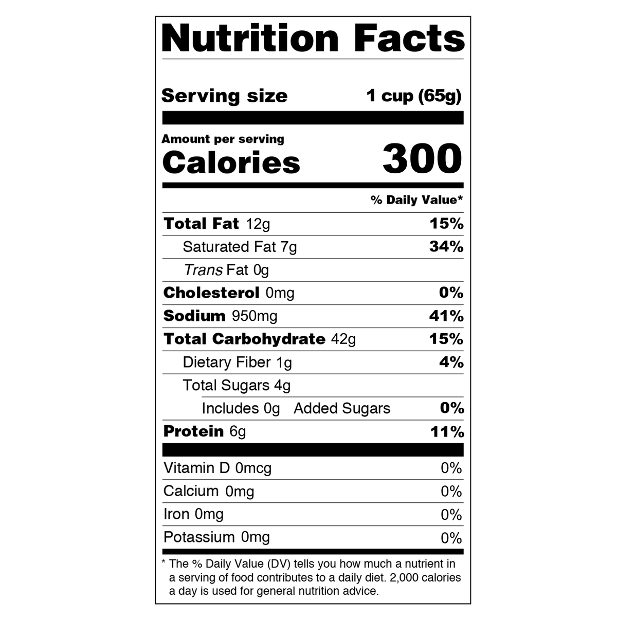 Detailed nutritional information: 300 calories, 12g total fat, 7g saturated fat, 0g trans fat, 0mg cholesterol, 950mg sodium, 42g total carbohydrates, 1g dietary fiber, 4g total sugars including 0g added sugars, and 6g protein per serving (1 cup, 65g).