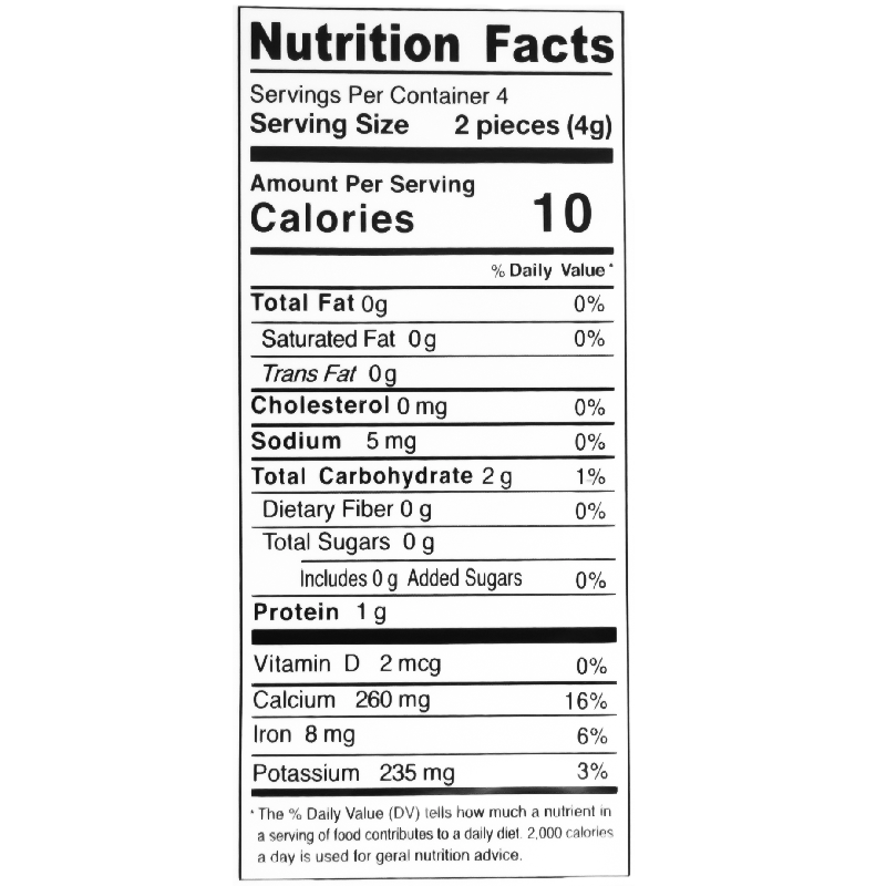 Each serving of two pieces (4g) contains 10 calories, 0g total fat, 0mg cholesterol, 5mg sodium, 2g total carbohydrates, 0g dietary fiber, 0g total sugars, and 1g protein.