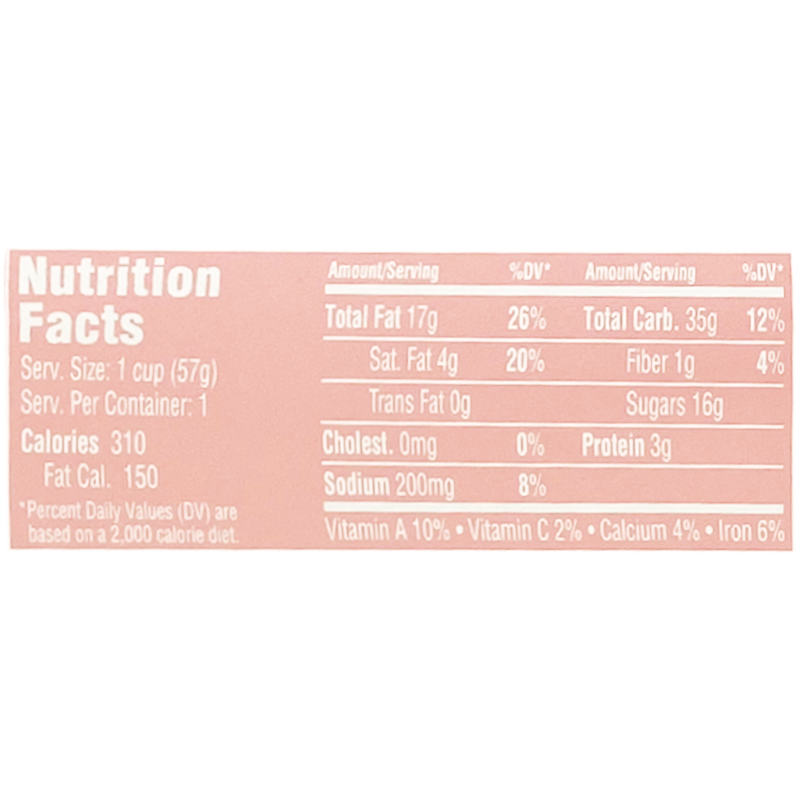 Detailed nutritional information: 310 calories, 17g total fat, 4g saturated fat, 0g trans fat, 0mg cholesterol, 200mg sodium, 35g total carbohydrates, 1g dietary fiber, 16g total sugars, 3g protein per serving (1 cup, 57g).