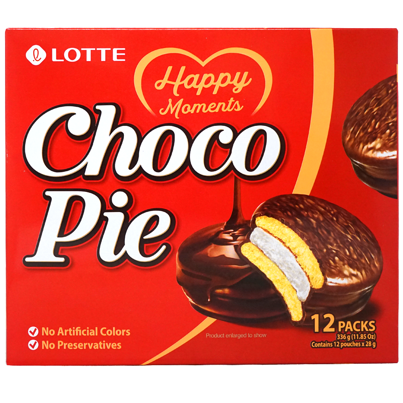 Front of package. The packaging features a bright red background with bold, enticing text and images of the Choco Pies, showcasing their delicious layers of marshmallow, cake, and chocolate. The design emphasizes the product's appealing qualities, such as being free of artificial colors and preservatives, ensuring a pure and delightful snacking experience.
