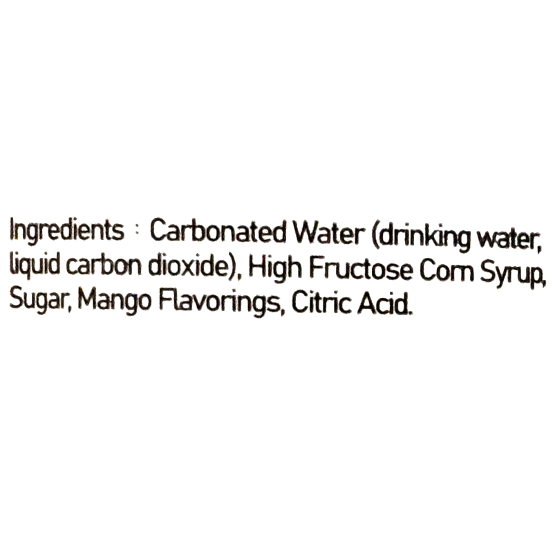 Carbonated water (drinking water, liquid carbon dioxide), high fructose corn syrup, sugar, mango flavorings, and citric acid.