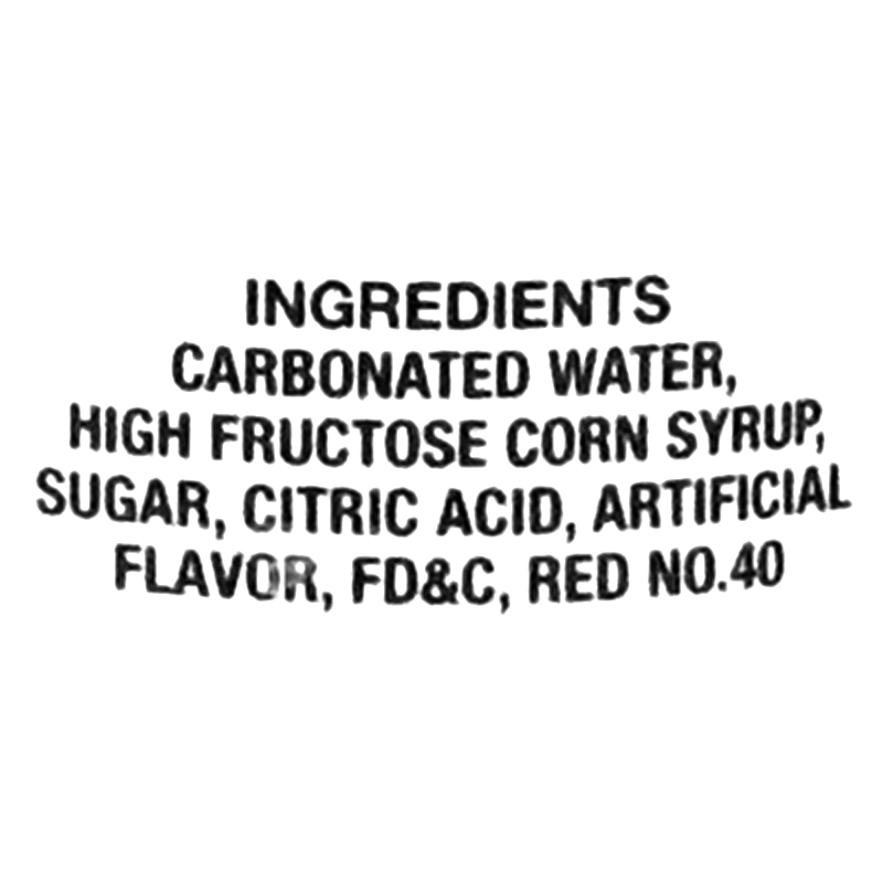List of beverage ingredients including carbonated water and high fructose corn syrup.