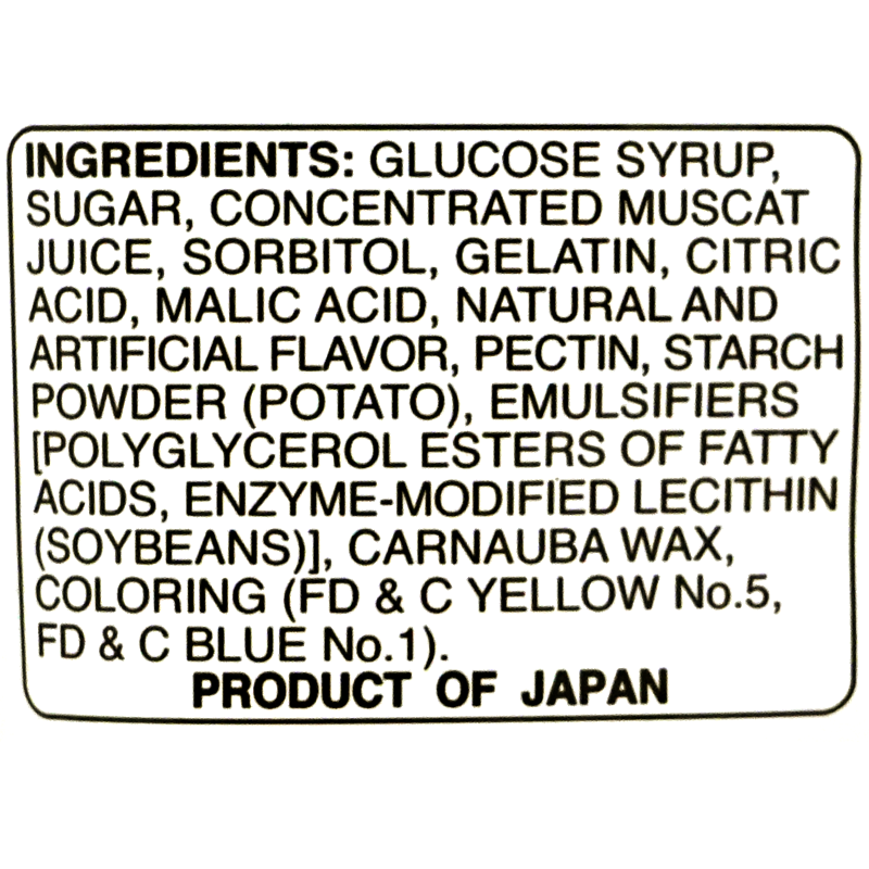 The ingredients include glucose syrup, sugar, concentrated muscat juice, sorbitol, gelatin, citric acid, malic acid, natural and artificial flavor, pectin, potato starch powder, emulsifiers (polyglycerol esters of fatty acids, enzyme-modified lecithin from soybeans), carnauba wax, and coloring (FD&amp;C Yellow No. 5, FD&amp;C Blue No. 1).