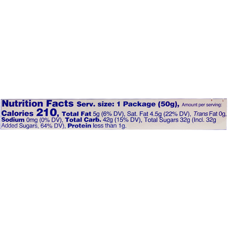210 calories, 5g total fat, 4.5g saturated fat, 0g trans fat, 0mg sodium, 42g total carbohydrates, 32g total sugars including 32g added sugars, and less than 1g protein per serving (1 package, 50g).