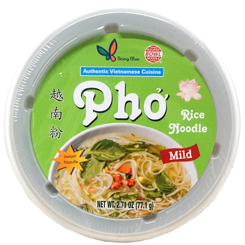 Top view of package. Image depicts a bowl that contains thin rice noodles in a clear broth, topped with fresh green herbs, slices of red chili peppers, and green onions.