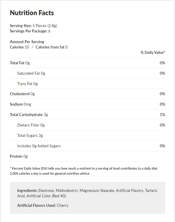 Each serving of this product, consisting of 5 pieces (2.8g), provides 10 calories, all from carbohydrates. It contains 0g of total fat, saturated fat, trans fat, cholesterol, and sodium. Additionally, each serving has 3g of total carbohydrates, all of which are sugars, including 0g of added sugars. The product has 0g of dietary fiber and protein. These values contribute minimally to the daily nutritional intake, making it a light and sweet treat.