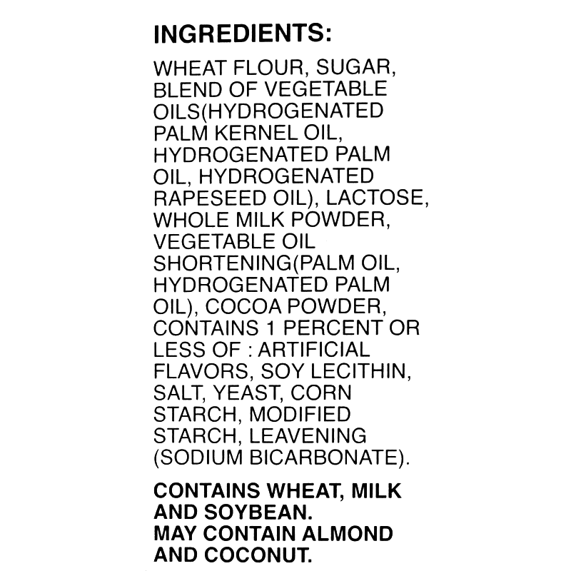 Ingredients contains wheat, milk and soybeans. May contains almond and coconut
