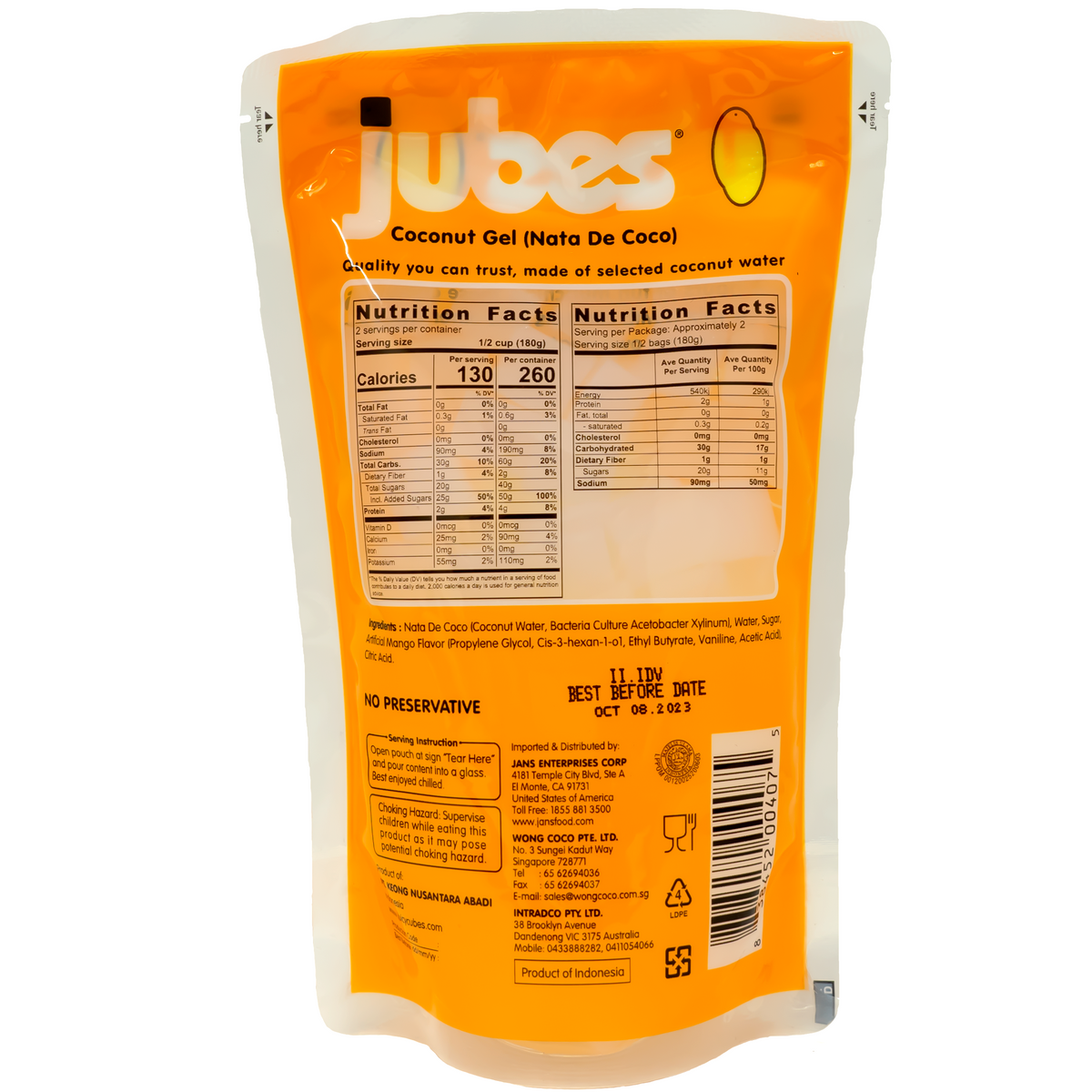 Back of product which contains nutrition label and ingredients