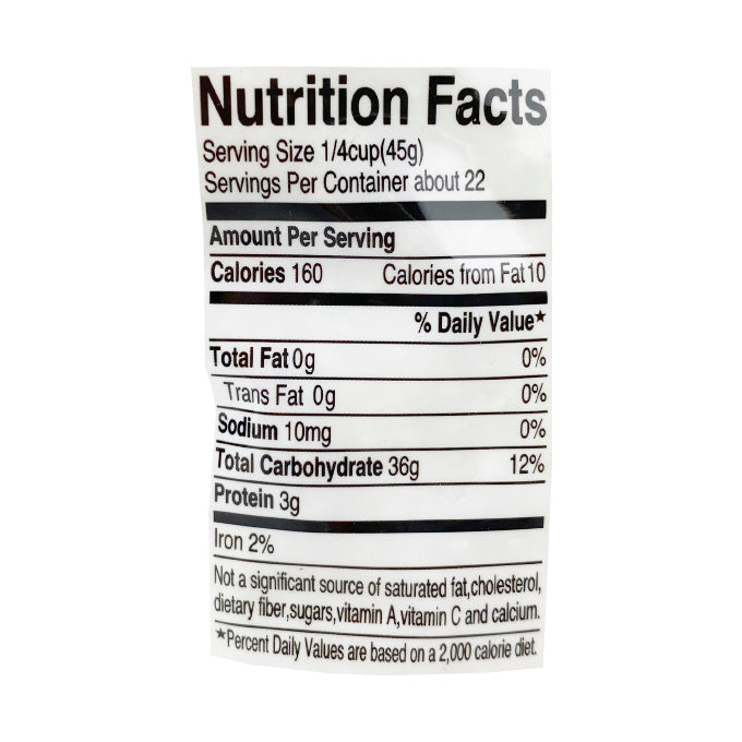 Each serving size of 1/4 cup (45g) contains 160 calories, with 10 calories from fat. It has 0g total fat, 0g saturated fat, 0g trans fat, 0mg cholesterol, and 10mg sodium. The total carbohydrate content is 36g, including 3g of protein.